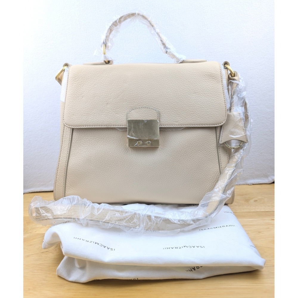 Isaac Mizrahi Beige Pebbled Leather Satchel Crossbody Handbag with Dust Bag New